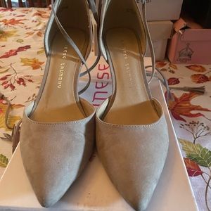 Chinese Laundry Beige Suede Dress Heels with ankle straps.